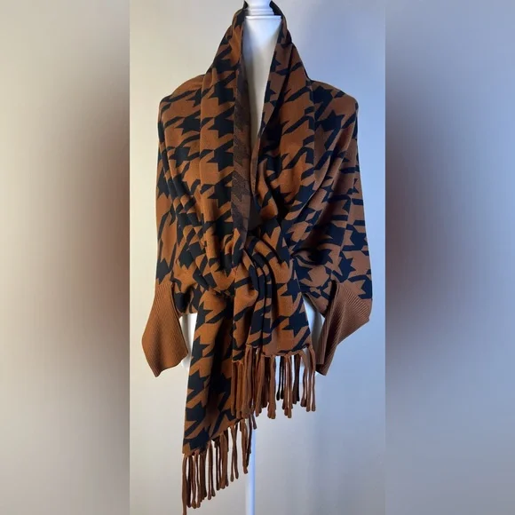 Soia & Kyo Miku Brown and Black Houndstooth Women's Scarf Wrap Coat, O/S, NWT